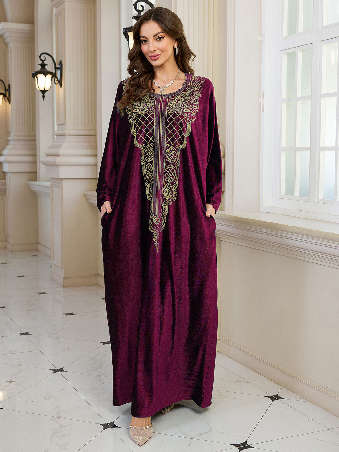 Elegant Embroidered Kaftan Dress Beach Bathing Suit Cover up Long Maxi Dress